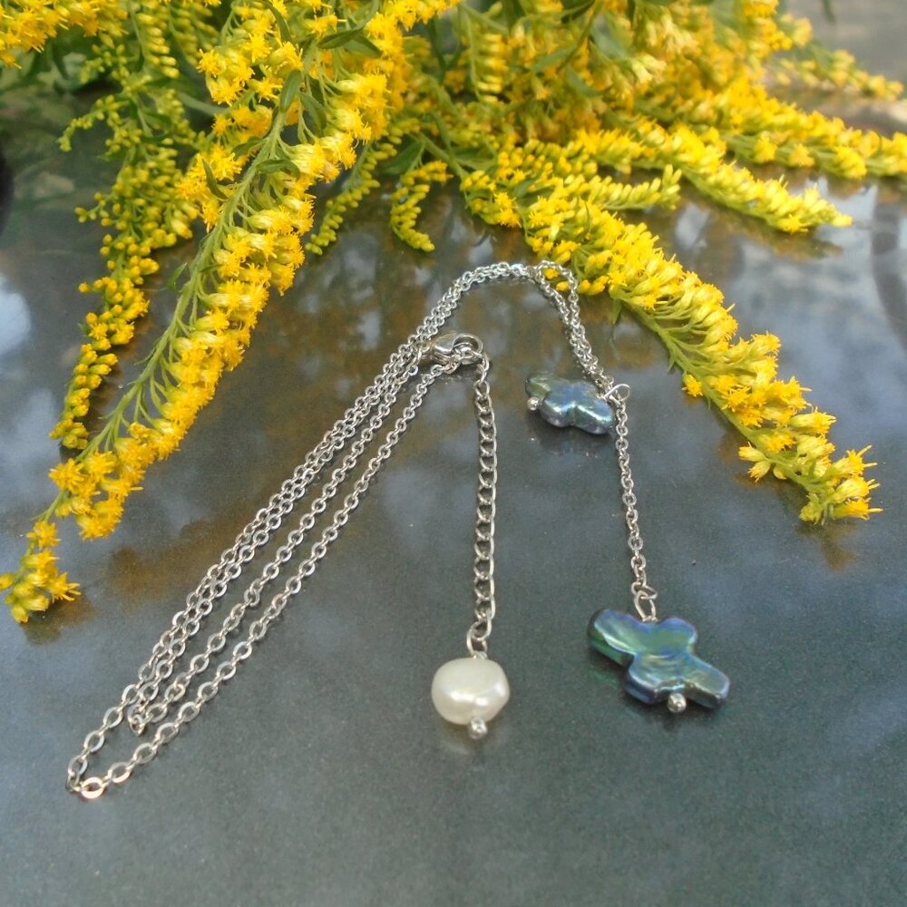 Natural Keshi pearl Double dangle Necklace & Stud earring set, real Unique pearl